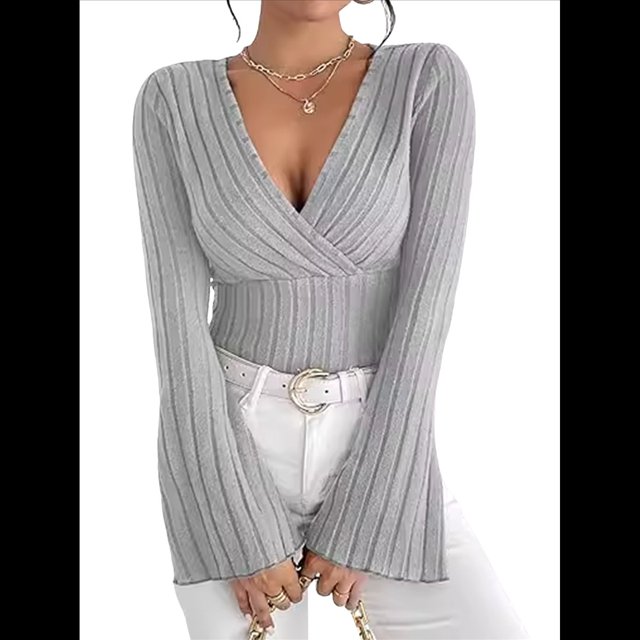 Camiseta de Larga Ajustada con Cuello en V Acanalado para Mujer, Top Informal de Moda con Mangas Acampanadas. Gris L
