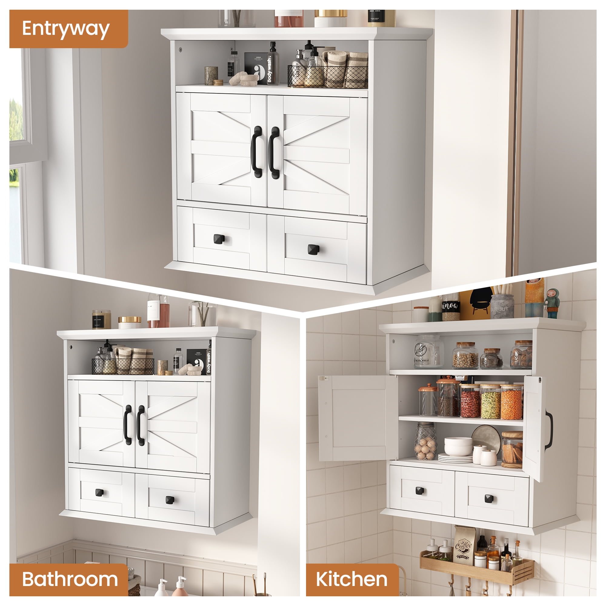 NEGYLIM Wall Mounted Bathroom Cabinet with Barn Door, 2 Drawers and Adjustable Shelves, over Toilet Storage Cabinet for Bathroom Laundry Room, White