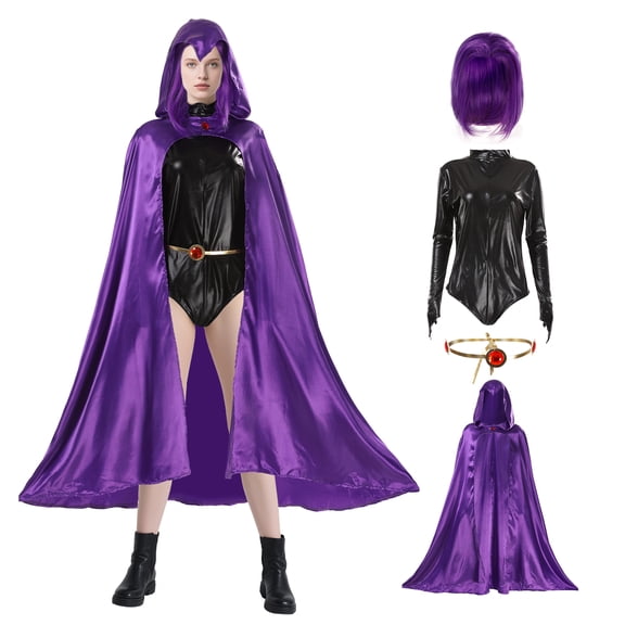 Pigmiss Raven Cosplay Costume Women Purple Hooded Cape Deluxe Jumpsuit with Wig for Halloween Anime Cosplay
