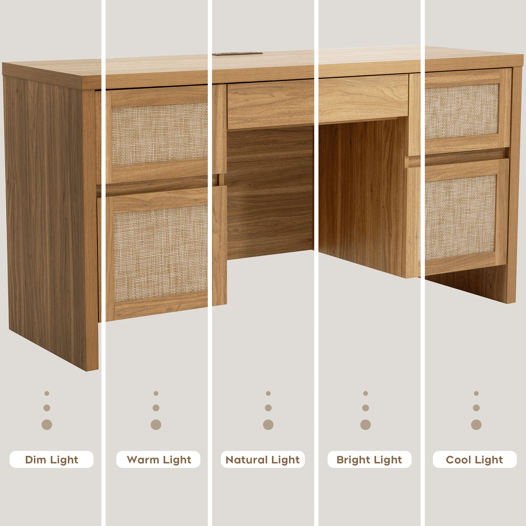 Brafabhome 57" Rattan Executive Desk with 5 Storage Drawers, Modern Study Writing Table Wooden Computer Desks with Charging Station for Home Office Bedroom | Oak