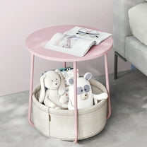 Round End Side Table with Fabric Storage Basket Bedside Table Nightstand for Living Room Bedroom Jelly Pink Classic White