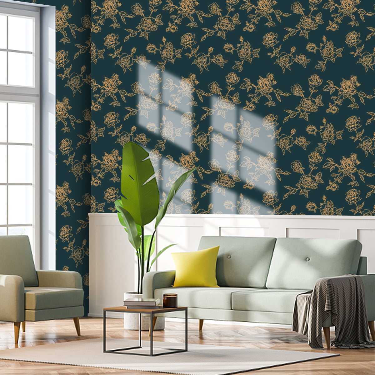 Arthome Blue Gold Flower-1, Peel & Stick Wallpaper 17"×120"