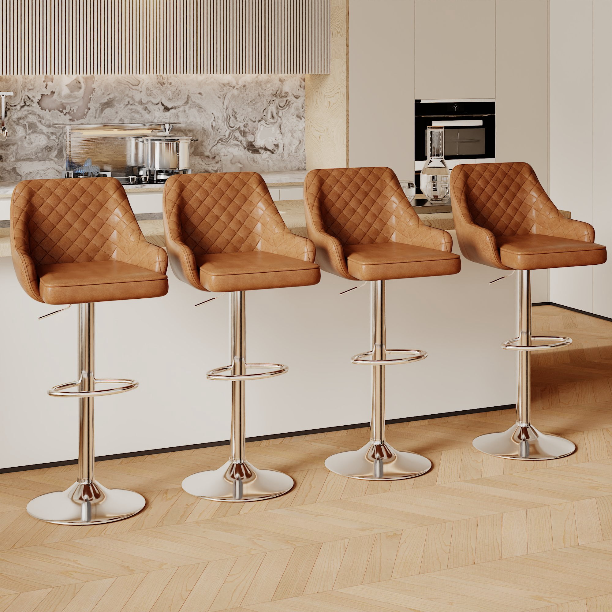 VECELO Bar Stools Set of 4 Modern PU Leather Height Adjustable Swivel Barstool with Back and Footrest, Brown