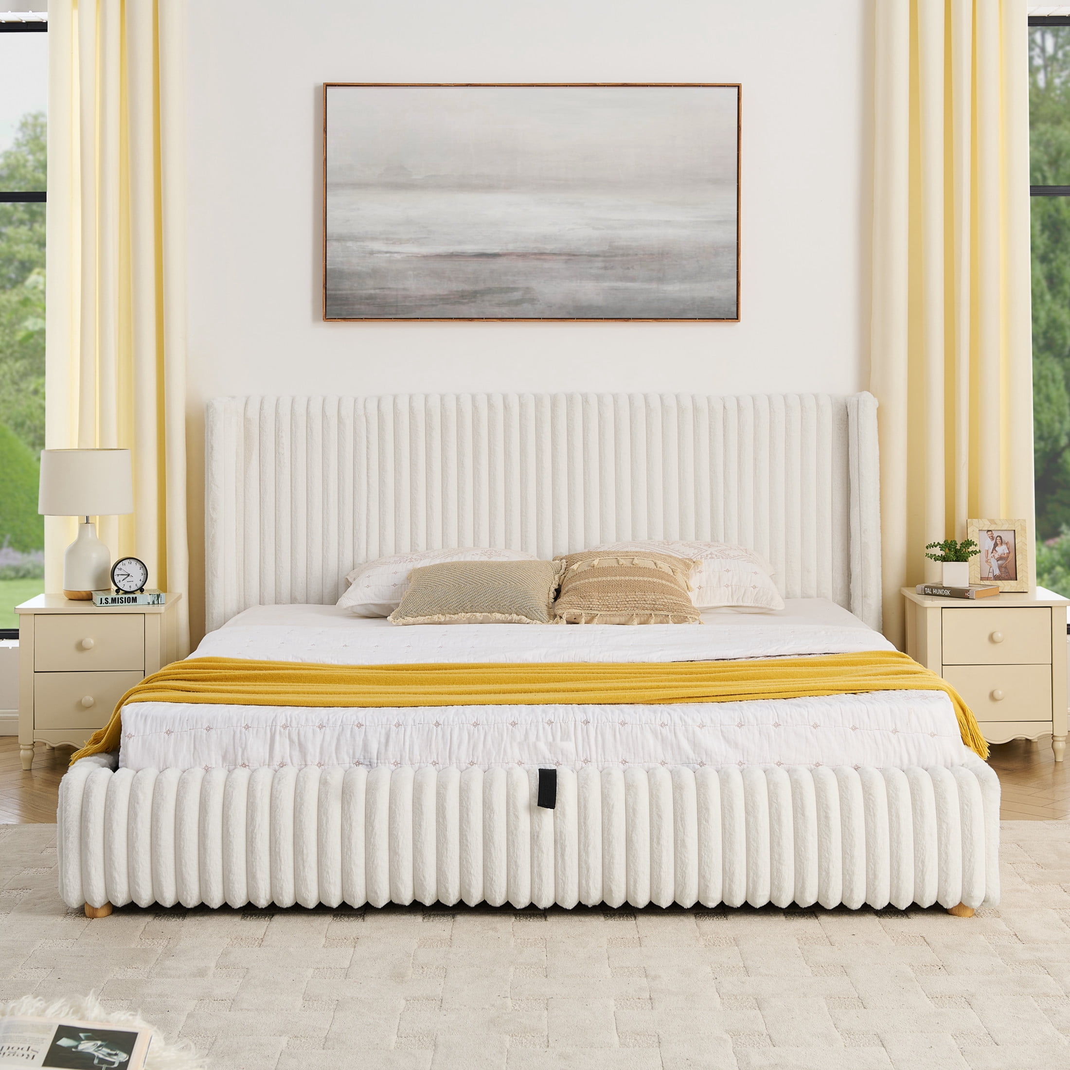 Noble House Renton King Size Platform Bed, Fluffy Faux Rabbit Fur Fabric Bed with Under-Bed Storage System, Beige