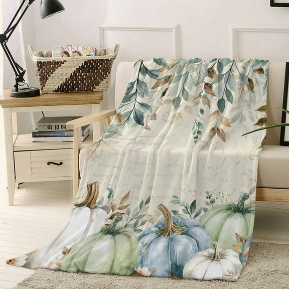 Fall Blue Pumpkin Throw Flannel Blanket 40x50In Green Eucalyptus Leaves Flower Harvest Super Soft Cozy Bed Blanket, Lightweight Plush Fuzzy Bed Throw for Bedroom Sofa Couch Living Room