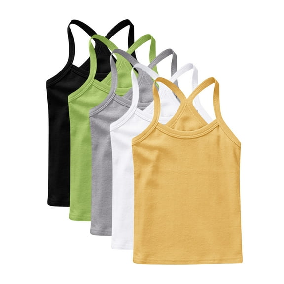 5 Pack Girls' Cotton Tank Tops, Stretch Undershirts for Girls Breathable Soft Camisole Undershirts Solid Color Cute Sleeveless Cami Tanks