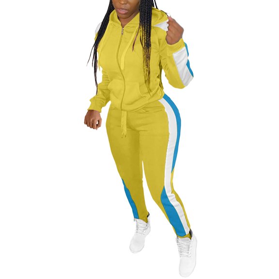 WRKEKC Women Outfits Sets Color Block Casual Hooded Zipper Jacket with Pants Set for Sporty Style and Outdoor Wear