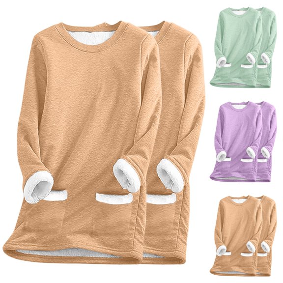 Feancey 2PC Womens Fleece Sweatshirt Winter Warm Crewneck Sherpa Lined Shirts Long Sleeve Casual Fuzzy Pullover Comfy Warm Loungewear Thermal Tops with Pockets Green L