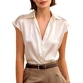 thumbnail image 2 of Only Moment Women's Short Sleeve Tops Short Sleeve V Neck Satin Short Sleeve Dress Shirts Casual Summer Tops Blouses with Pockets Women Summer Tops White,2XL, 2 of 6