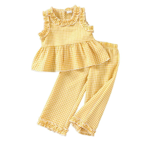 VNKIDY Summer Toddler Girls Sleeveless Plaid Round Neck Vests T Shirt Tops Ruffles Pants Outfits Sets Breathable