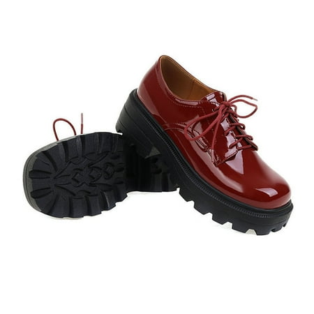 

Women Chunky Platform Ankle Boots For Women Glossy Lace Up Mid Heel Leather Shoes