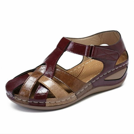 

Lollita Orthopedic Plus Sandals PU Leather Retro Arch Support Comfy Round Toe Sandals for Women Toe Protection Design 35 Reddish Brown