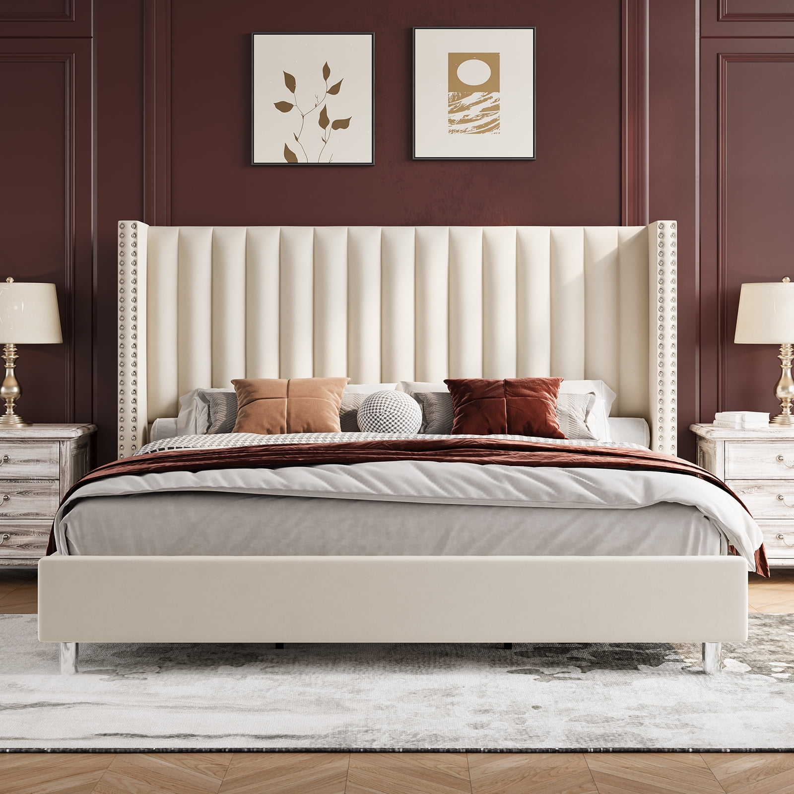 Merluxy Bed Frame Queen Size Upholstered Bed Wingback Headborad Velvet Channel Tufted/No Box Spring Needed/Cream