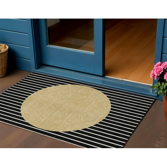 3' X 5' Black And Beige Striped Washable Indoor Outdoor Area Rug