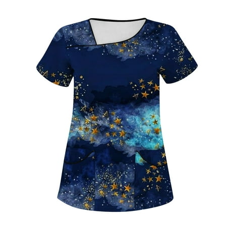 

Yubatuo Independence Day Women Plus Size Scrubs Top with Pockets V-Neck Short Sleeve Printed Work Blouse for Women Navy M