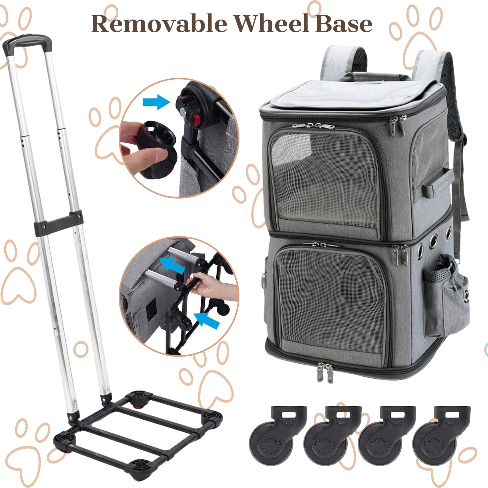 ManyFun Extra Large Double-Compartment Pet Carrier Backpack with Wheels for Small Dogs and Cats, Cat Rolling Carrier for 2 Cats, Perfect for Traveling/Taking a Walk/Trips to The Vet, Grey