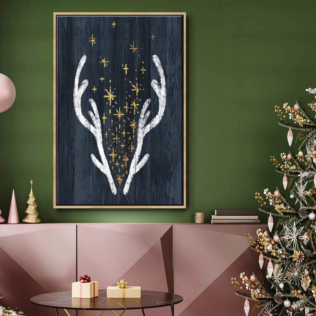 Antlers & Magic - Framed Gallery Wrapped Holiday Canvas - 17 x 25 - Natural Wood Frame