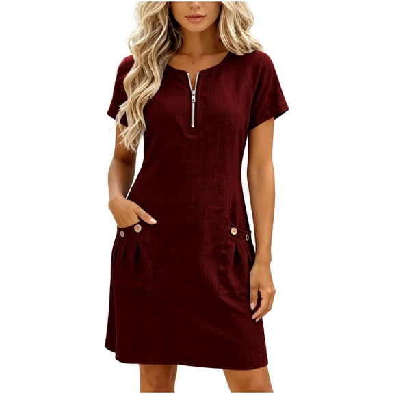 Dvprdro Womens Casual Beach Mini Dress 2026 Cotton Linen Crewneck Sleeveless Front Zipper Pockets Loose A Line Dress Solid
