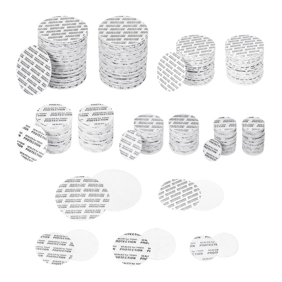 Uxcell 20/24/28/38/51mm Foam Lid Liner 500pcs Adhesive PS Pressure Sensitive Seals for Jar Black Text White