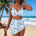 thumbnail image 6 of UTSJKR Women's Blue White Floral Halter 3 Piece Bikini Set, Drawstring Skirt Bathing Suit for Summer Tropical Vacation Beach Wear Blue M, 6 of 7