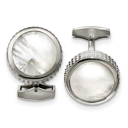 - Stainless Steel Polished Studded Round Mother of Pearl Cuff Links