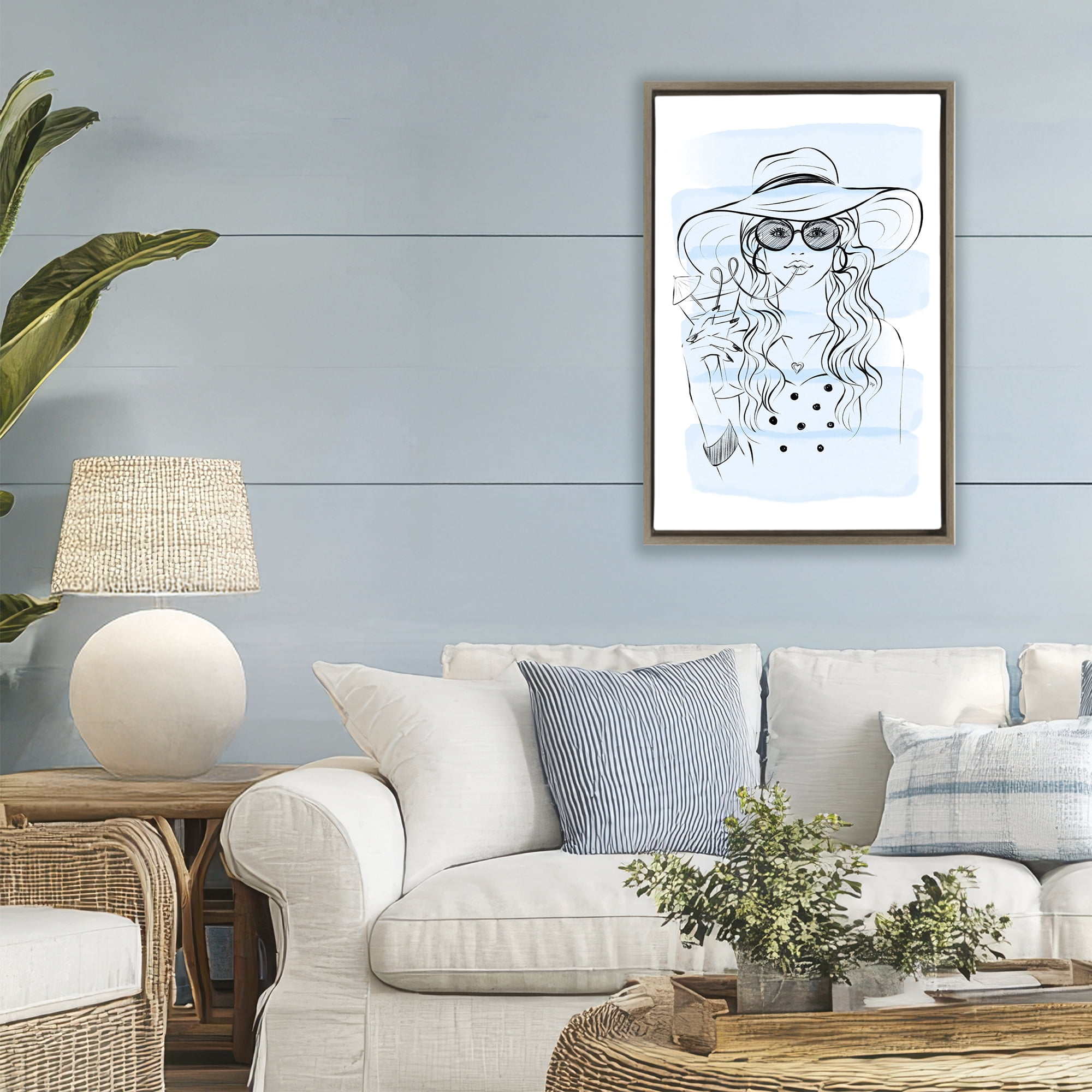 Stupell Industries Sipping Drink Girl in Sun Hat Brown Framed Floater Canvas Wall Art, design by Martina Pavlova