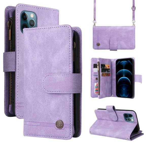 Feishell for Apple iPhone 12 / 12 Pro 6.1 inch Zipper Wallet Case with Wrist Strap & Shoulder Strap,Premium PU Leather Magnetic Clasp Flip Holder Card Slots Crossbody Phone Case for Women Men,Purple