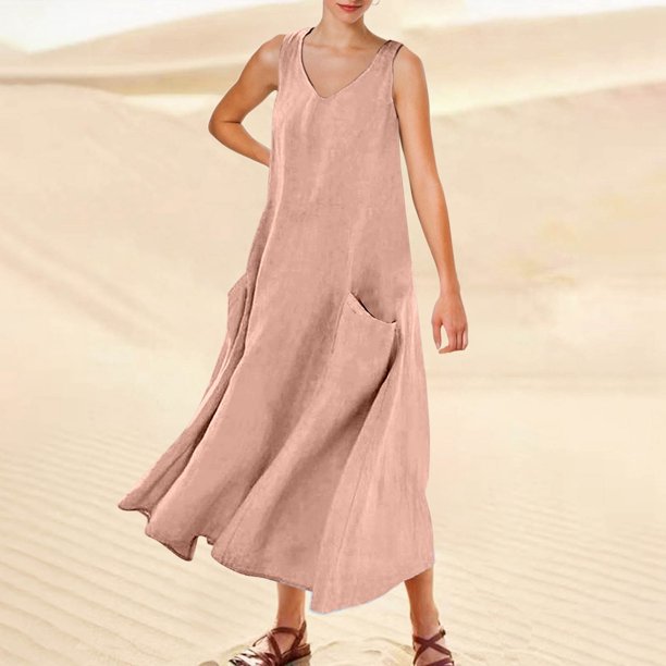 WILLBEST Vestido Corto De Verano Para Mujer, Color Liso, Sin Mangas, Cuello En V, Elegante, Holgado, Informal, Largo, Con Bolsillos, Cómodo Y Elegante Para Uso Diario.
