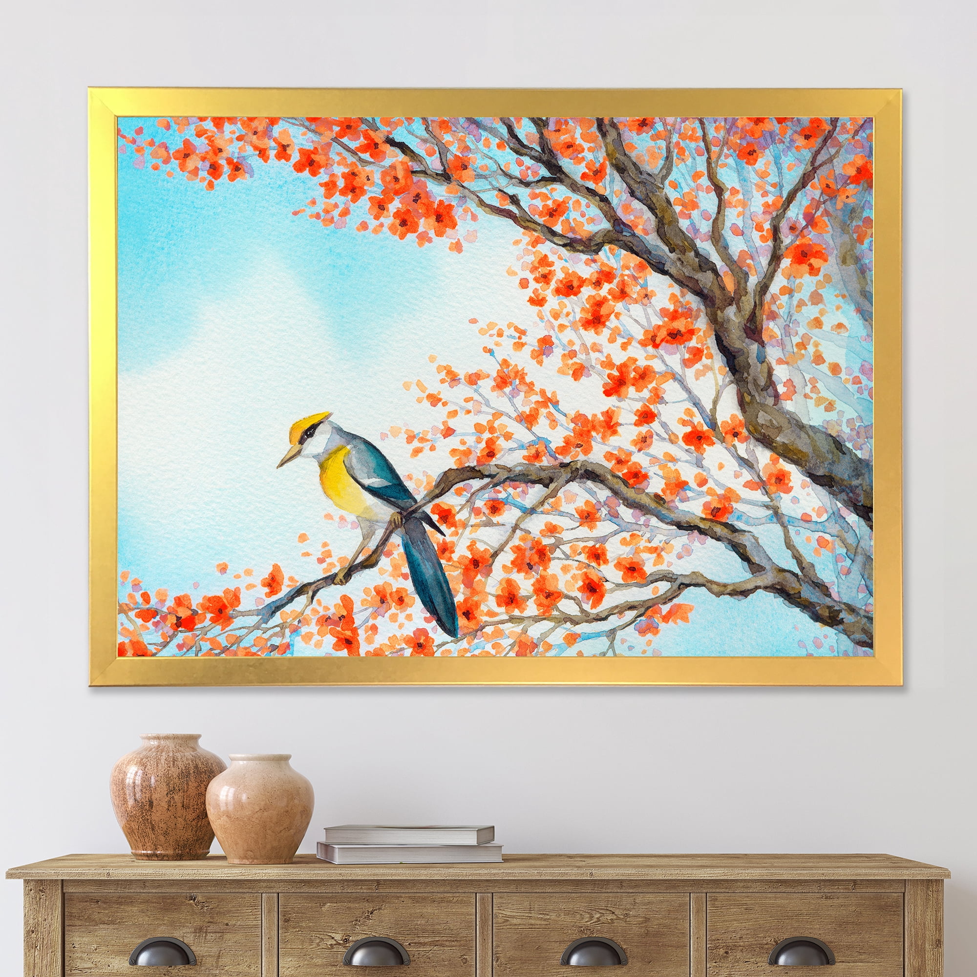 Beautiful Orange Bird Sitting On Flowering Branch 40 in x 30 in Framed Painting Canvas Art Print, by Designart