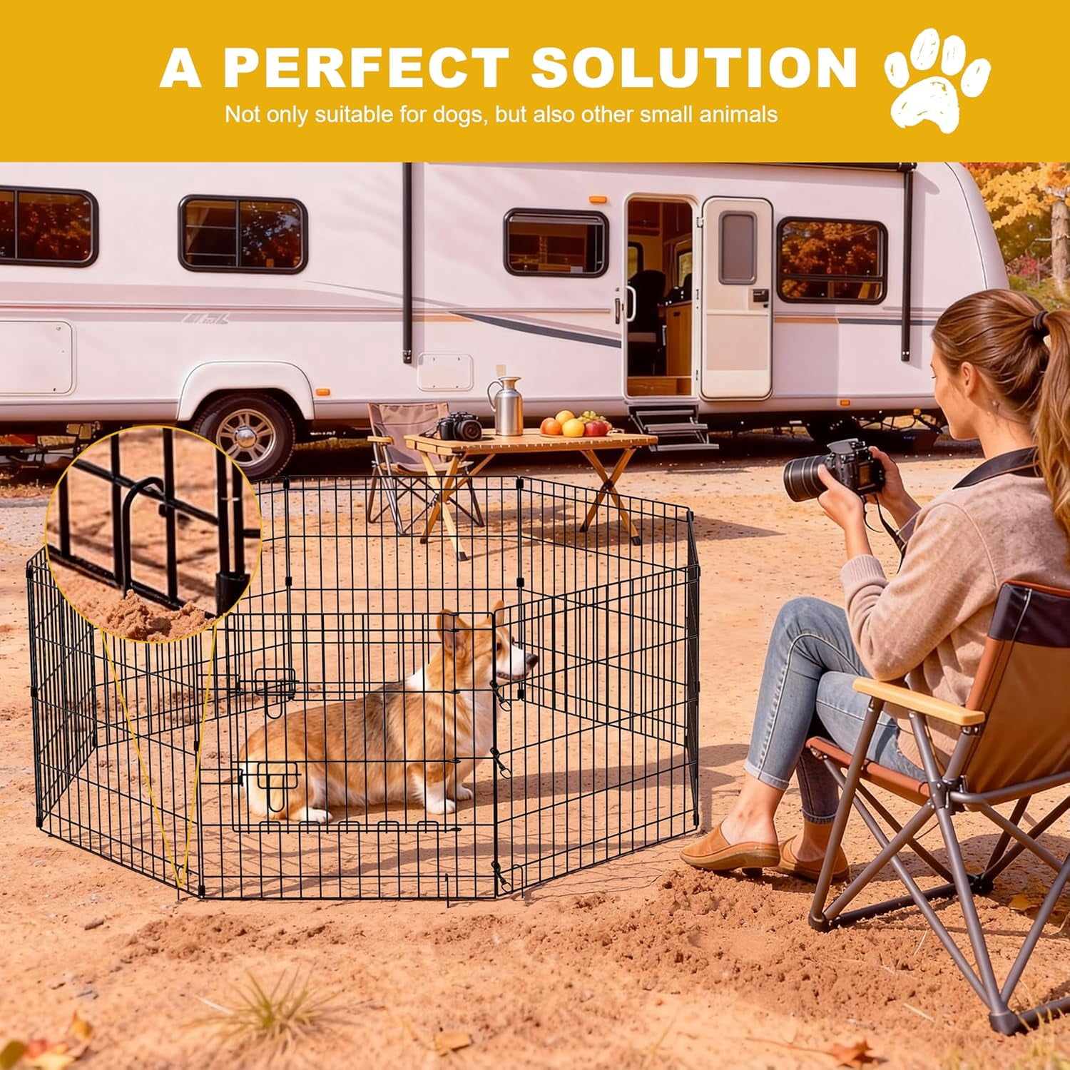 Foldable Dog Playpen, 24x30in 8 Panels Metal Pet Exercise Fence with Botton Pad, Dog Play Pen for Indoor Outdoor, Heavy-Duty Pet Fence Puppy Crate Kennel with Door for Small Medium Pets