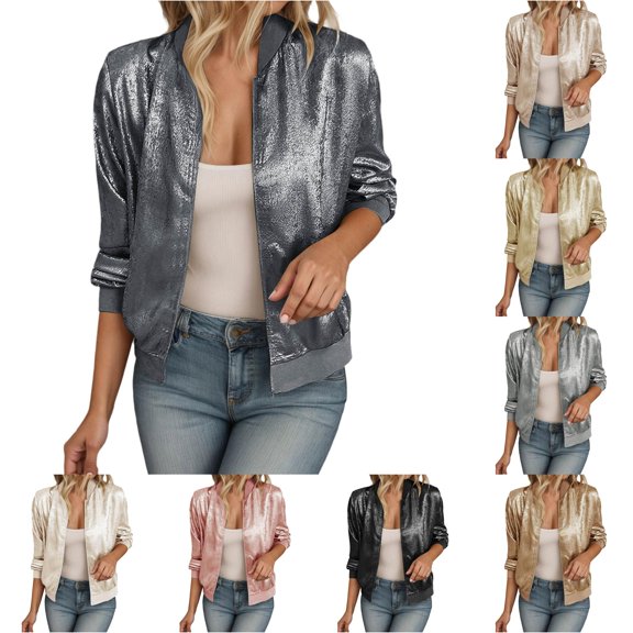 Women's Lightweight Reflective Zipper Jacket - Solid Color Slim Fit Casual Outerwear for Spring Autumn