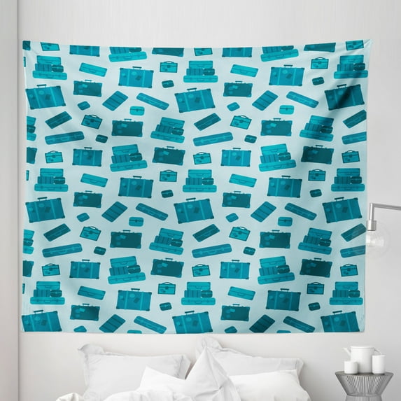 Modern Teal Tapestry, Travel Wanderlust Concept Vacation Packing Holiday Times Repeated Pattern, Fabric Wall Hanging Decor for Bedroom Living Room Dorm, 5 Sizes, Pale Blue, by Ambesonne