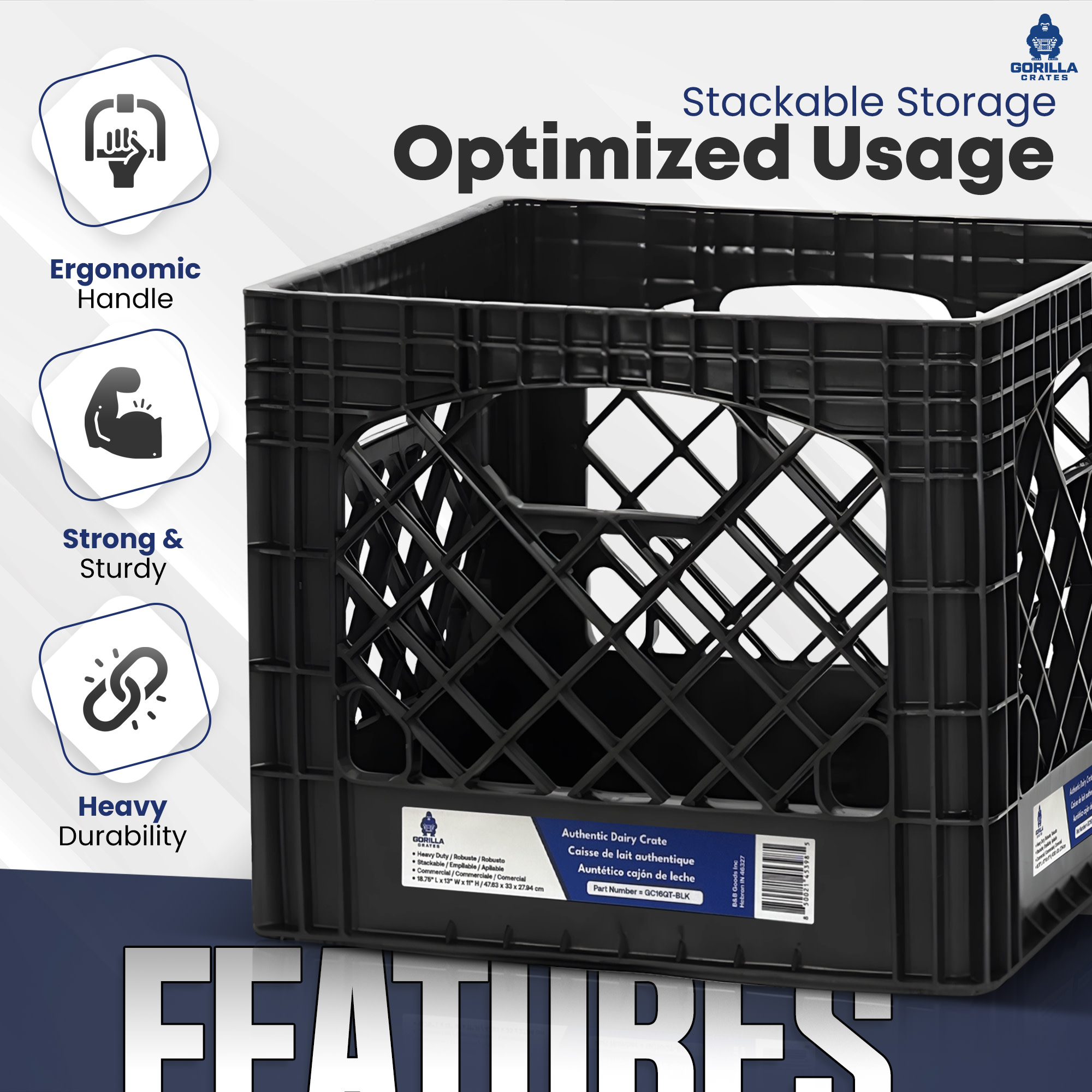 Gorilla Crates: Milk Crate: 16 Qt - Black - 13x13x11" Multi-Purpose Storage Solution, Stackable Organization, Heavy-Duty Plastic Bin, Built-In Handles
