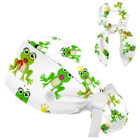 

Working Cap with Buttons and Sweatband Scrub Hat Bouffant Caps with Scrunchie Cartoon Frog Tie Back Hats
