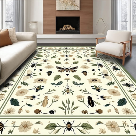 Flatwoven High Traffic Area Rug, Botanical Garden Insect Motif Design, Non Slip, Stain Resistant, Washable Area Rugs for Living Room, Bedroom(Ivory, 4X6)