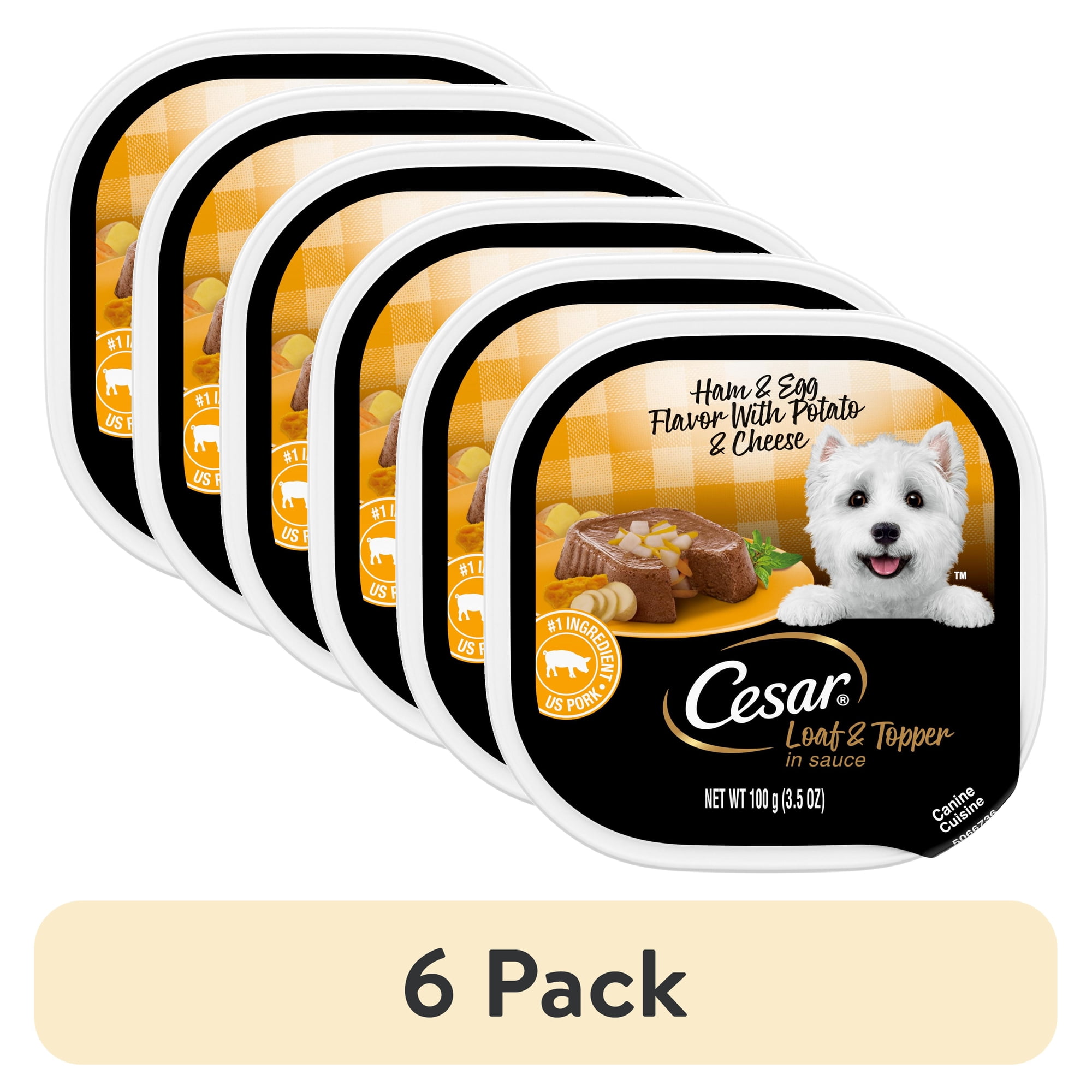 (6 pack) Cesar Loaf & Topper In Sauce Ham & Egg Flavor With Potato & Cheese Wet Dog Food, 3.5 Oz Tray