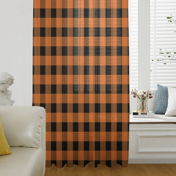 Farm Buffalo Plaid Semi Sheer Curtains Drapes for Living Room, Bedroom, French Doors Window 63 Inches Long, Orange Black Checkered Rod Pocket Chiffon Curtain Drapery Voile Draperies Panel
