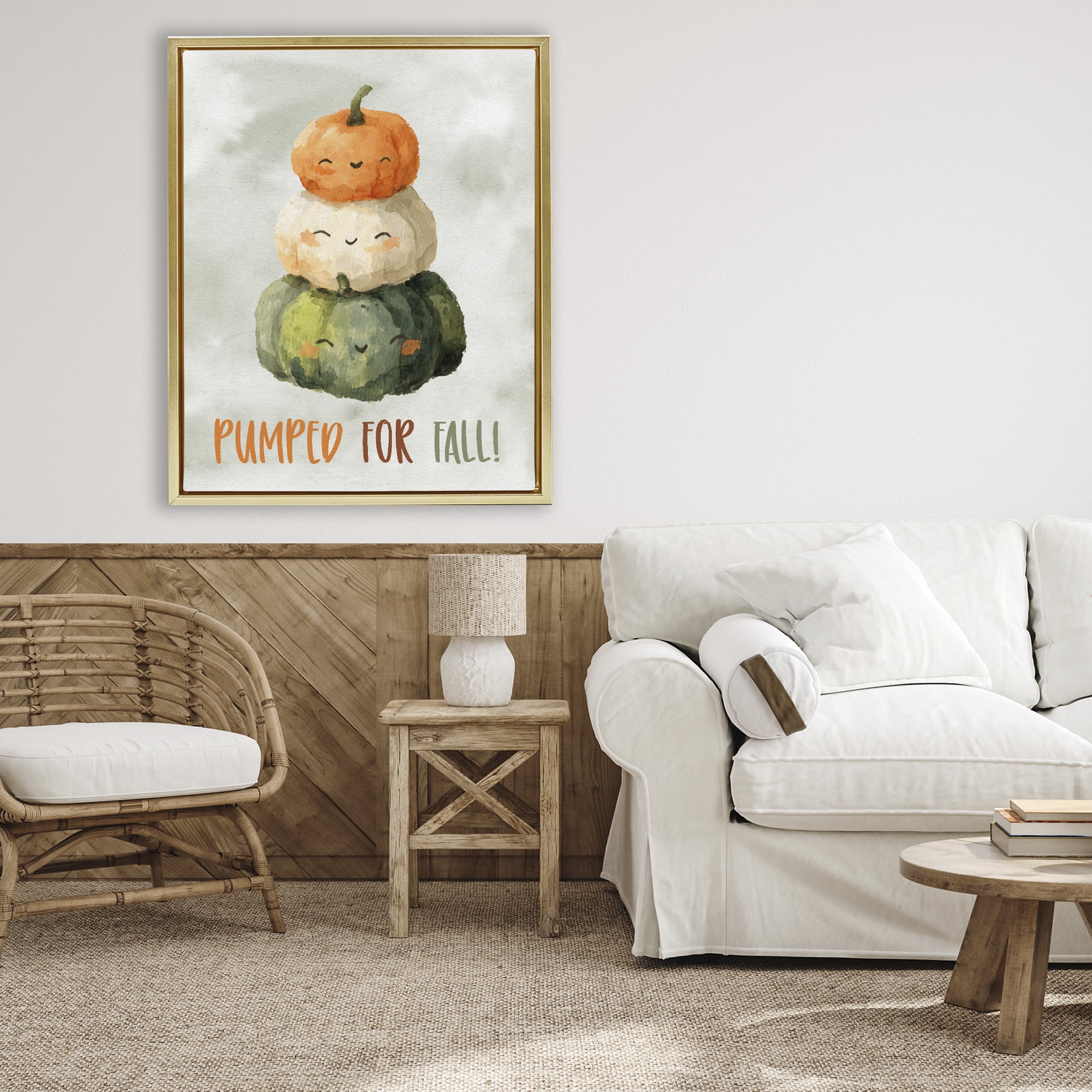 Stupell Industries Smiling Pumpkins Pumped For Fall Gold Framed Floater Canvas Wall Art, design by Ziwei Li