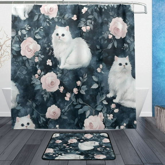 BZSMCE Shower Curtain and Bath Accessory Set,Enchanted White Cats and Roses Pattern