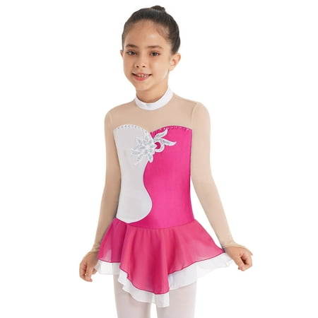 

iiniim Kids Girls Long Sleeve Skirted Leotards Ballet Figure Ice Skating Dance Dress 6-16