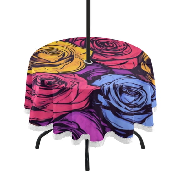 Round Tablecloth 60*60 Inches Round Tablecloth Outdoor Style Tablecloth With Umbrella Holes Tablecloth Outdoor Suitable For Kitchens and Dining Rooms Colorful Roses Seamless
