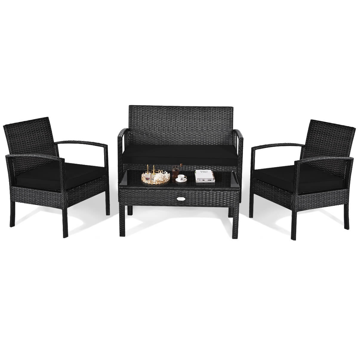 Costway 4 PCS Outdoor Patio Rattan Furniture Set Cushioned Sofa Coffee Table Garden Deck