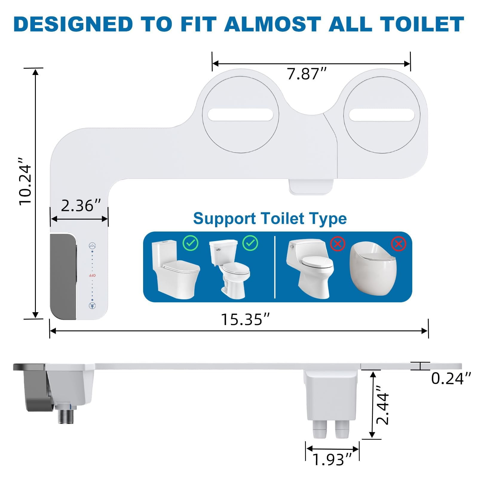 Bidet Attachment for Toilet – Dual Nozzle with Front & Rear Spray, Adjustable Water Pressure & Angle, Self-Clean, Retractable Nozzle, Brass T-Adapter, Easy Install – No Electricity Needed