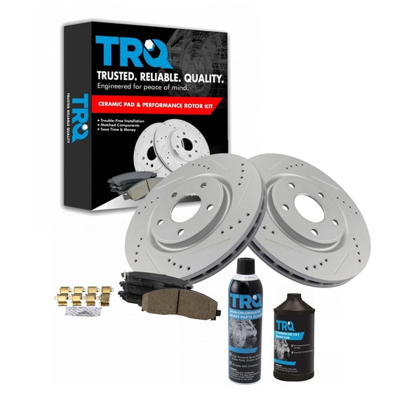 TRQ Front Ceramic Pads & Performance Rotors w/ Fluids for Chrysler Dodge Ram VW BKA18633 Fits select: 2017-2018 CHRYSLER PACIFICA, 2011-2018 DODGE GRAND CARAVAN