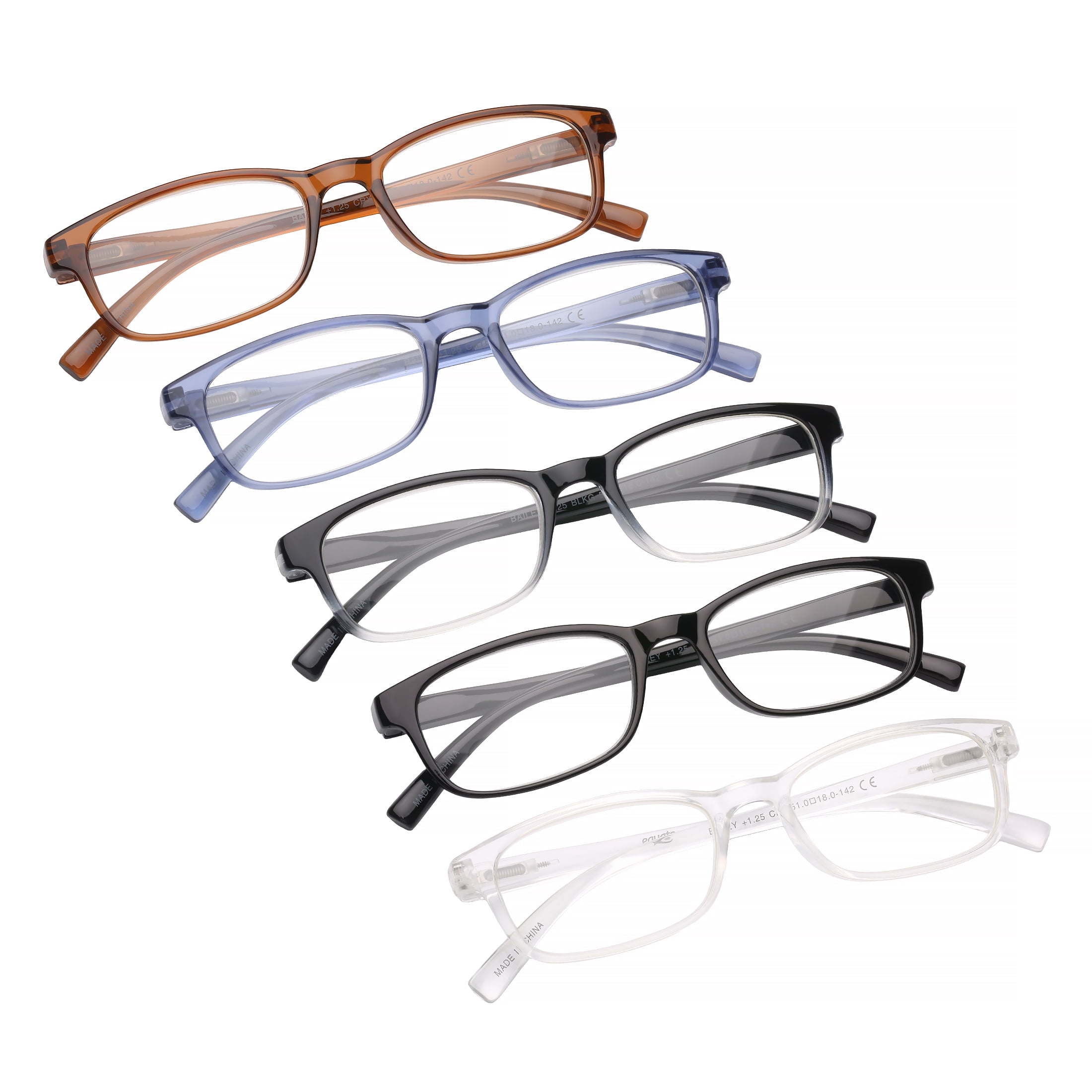 (2 pack) Equate Bailey 5-Pack Unisex Spring Hinge Plastic Reading Glasses with Case, Crystal/Black Gradient/Brown Crystal/Matte Black/Blue Crystal, +2.50
