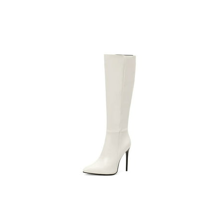 

Zodanni Womens Non Slip Dress Shoes Work Heeled Tall Boots Comfortable Patent Leather Long Knee High Boot White 7