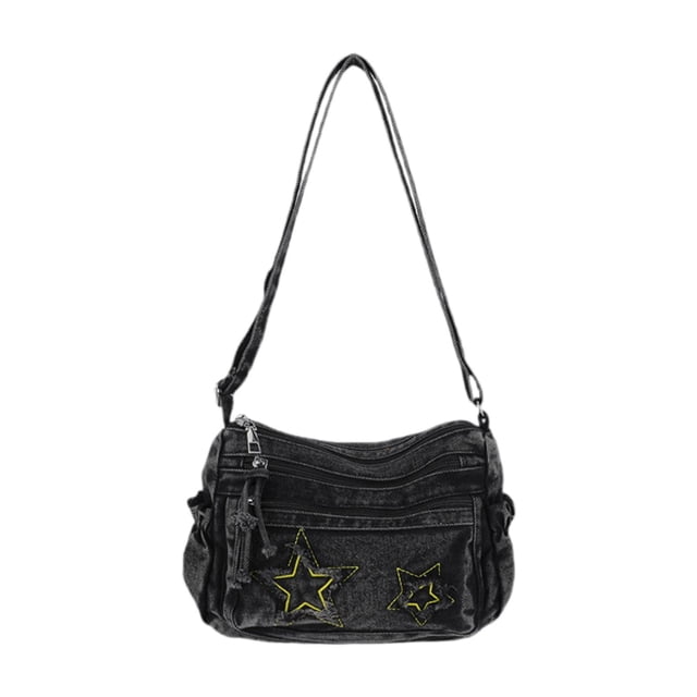 Bolso bandolera de mezclilla para mujer, bolso de hombro multifuncional y moderno para uso diario. Negro