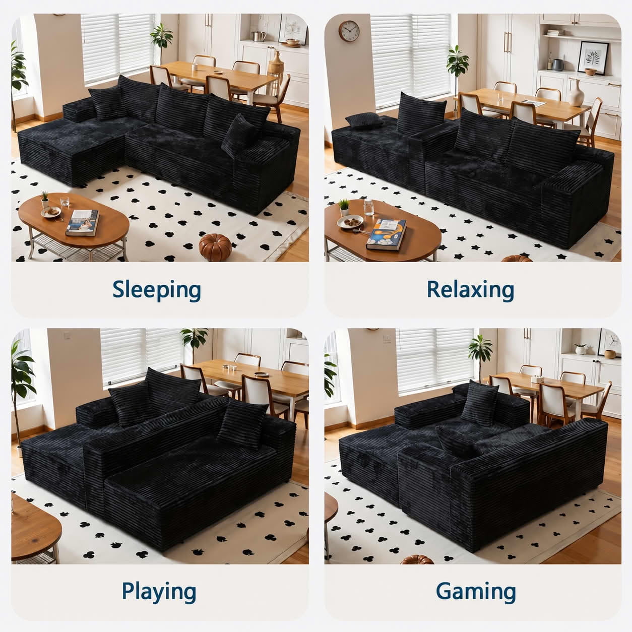 MAYEERTY 96" Black Corduroy Boneless L-Shaped Cloud Sectional Sofa, Compressed No Assembly Couch for Small Living Room