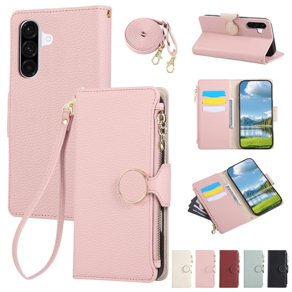 Crossbody Wallet Case for Samsung Galaxy A56 5G with Wrist Strap & Shoulder Strap, Zipper Purse with Magnetic Clasp Stand Card Holder, PU Leather Shockproof Cover for Samsung Galaxy A56 5G, Pink