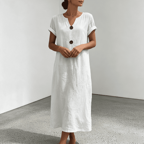 Caywon Women's V-Neck Midi Dress with Rolled Sleeves and 2-Button Front Detail, Relaxed Loose Cut Cotton Linen Mix Casual Summer Vacation OutCut for Teen Girls Everyday Style